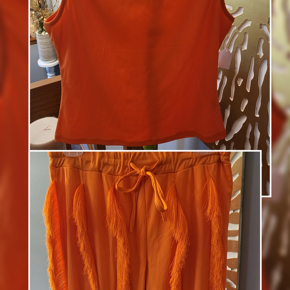 Vibrant Orange Fringe Top and Pants Set Size Large